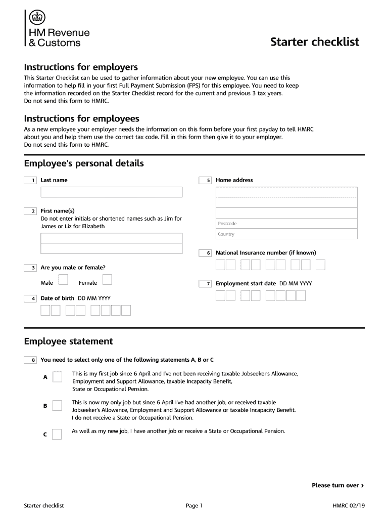 Hmrc Starter Checklist 2019